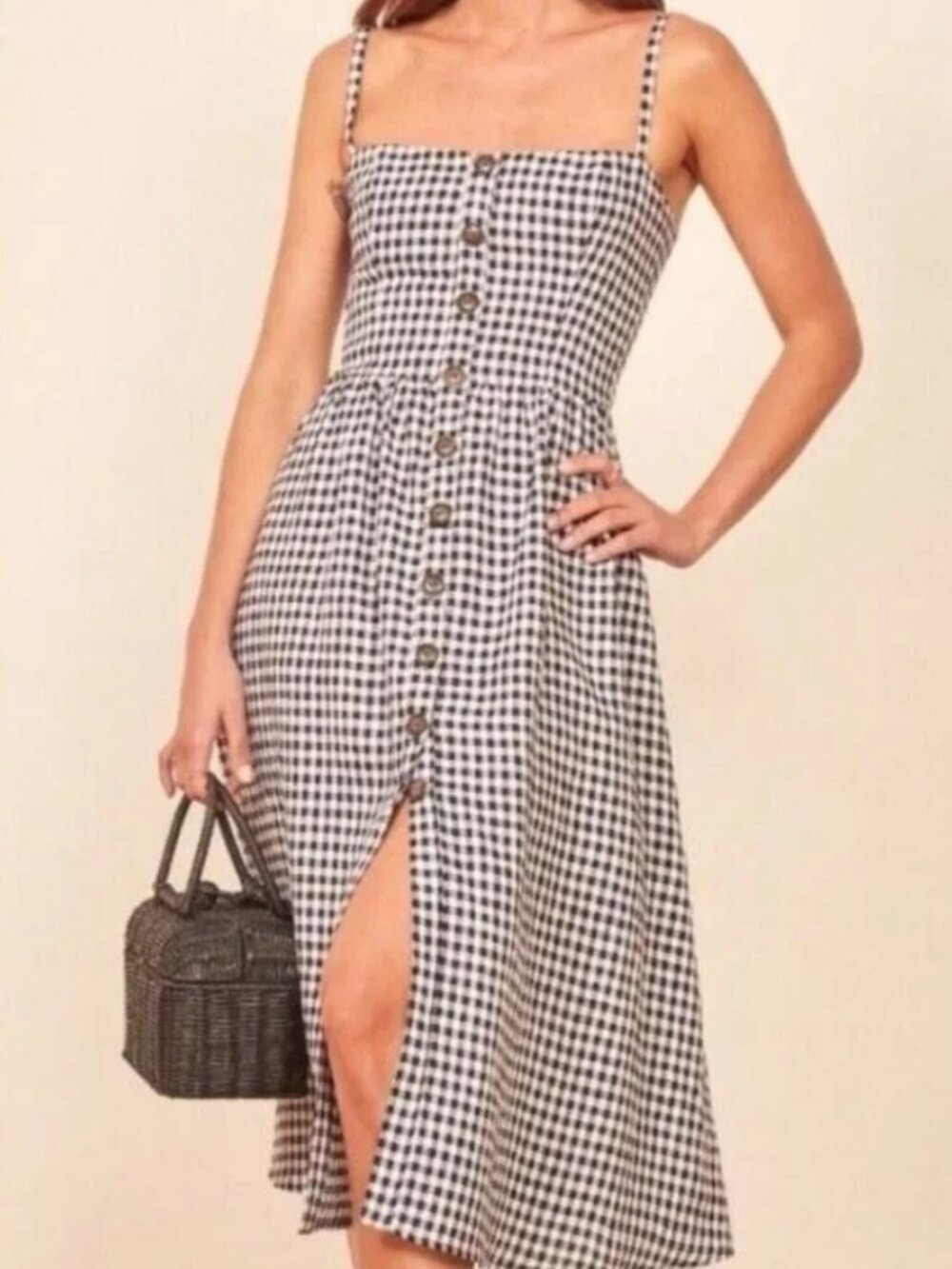 Reformation Thelma Black & White Linen Gingham Dress, 4